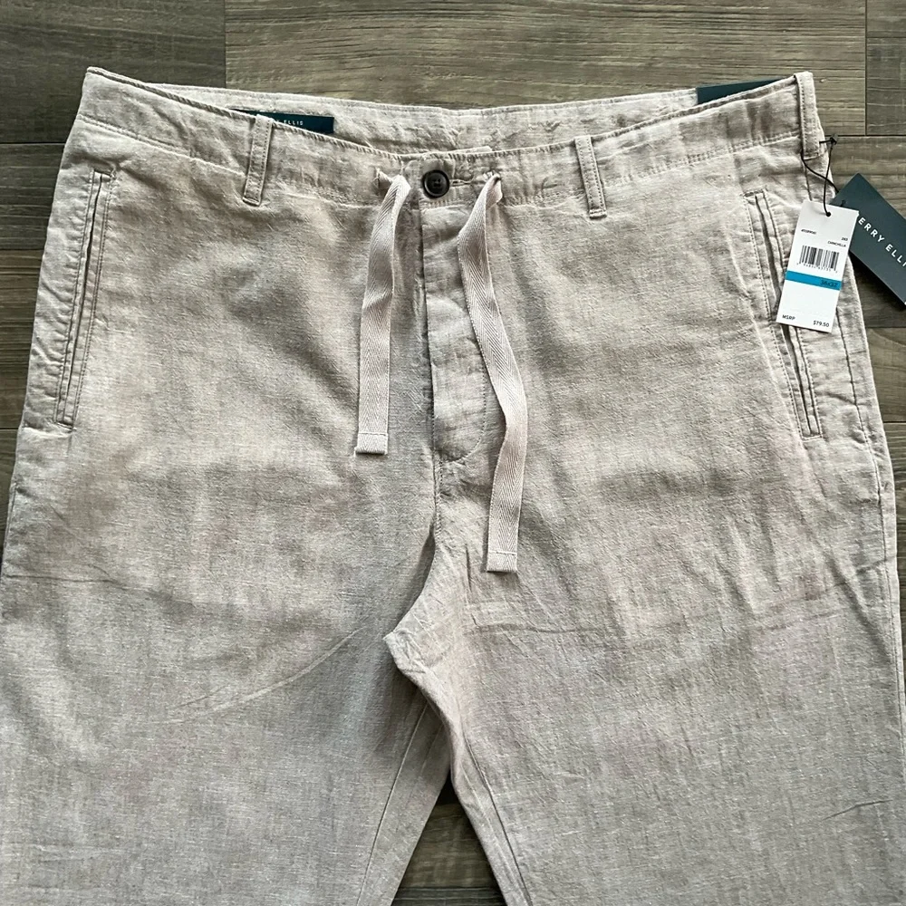 36x32 NWT Perry Ellis Linen Blend Pants Mens Khaki Light Tan Button Fly Drawcord